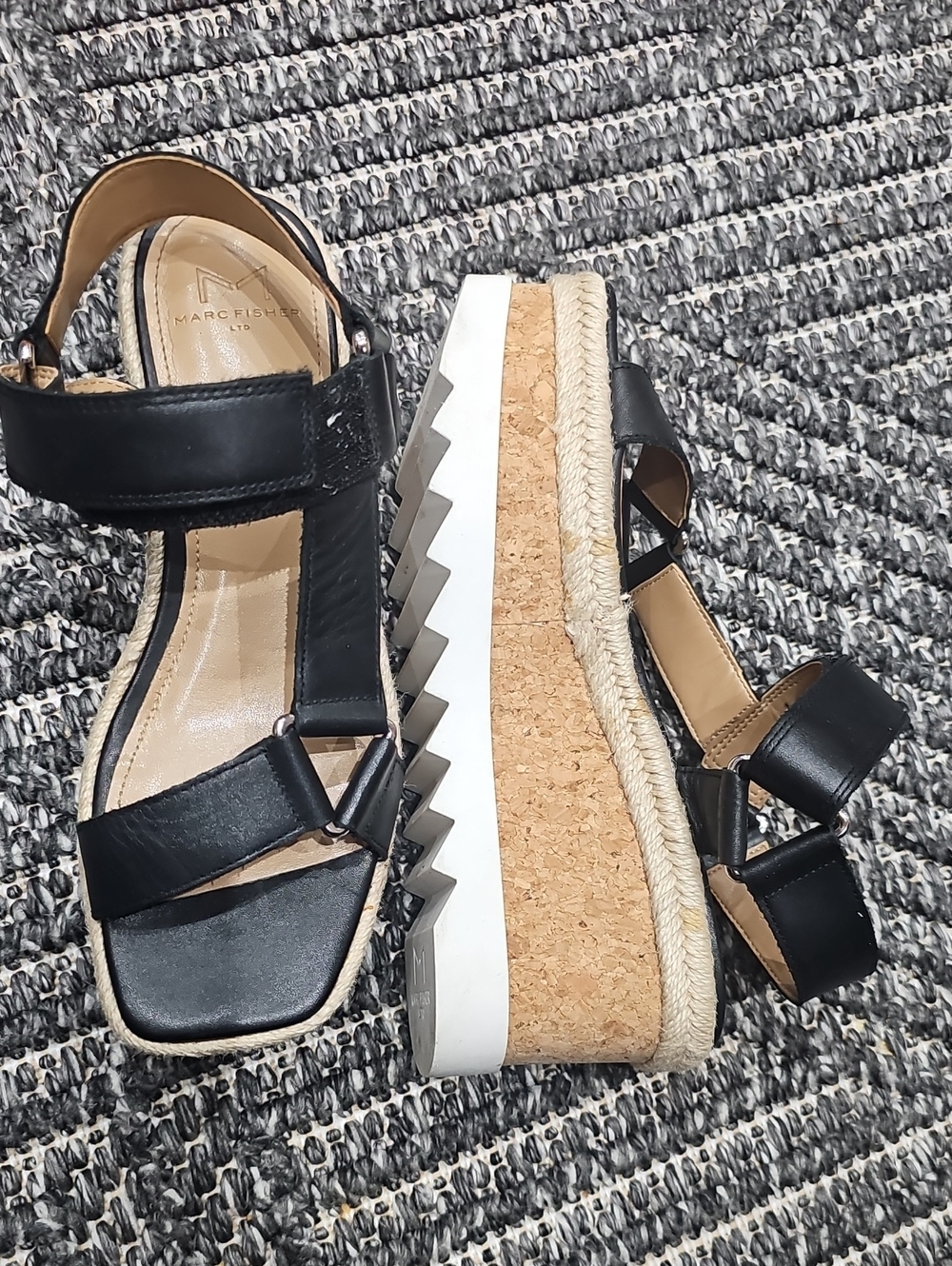 Marc Fisher Black Leather Cork Wedge Espadrilles